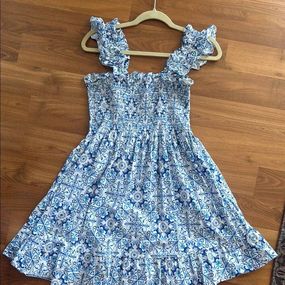 Hill House Blue & White Tile-Print Smocked Mini Dress